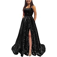 Women's Spaghetti Prom Dresses Long Glitter Split Formal Evening Party Ball Gown with Pockets