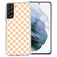 Phone Case for Samsung Galaxy S21 5G, Orange White Grid Plaid Regular Lattice Checkered Checkerboard Cute Shockproof Protective Anti-Slip Soft Clear Cover Shell
