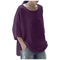 Womens 3/4 Sleeve Tops Shirts 2024 Summer Crewneck Linen Quarter Sleeve Shirts Plus Size Casual Beach Tee Blouses