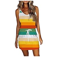 Sun Dress Women Short,Women Summer Sleeveless Strap Beach Dress Drawstring Casual Printed Pocket Dress Long SLE