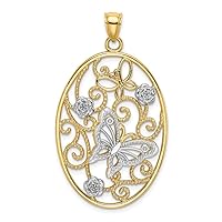 14k Yellow Gold with Rhodium Butterfly & Flower Cluster Oval Frame Pendant K9523