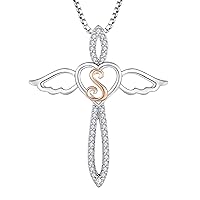 FJ Letter Initial Necklace 925 Sterling Silver Guardian Angel Necklace Alphabet Personalised Pendant with Cubic Zirconia Jewellery Gifts for Women Girls