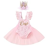 Baby Girl 1st Birthday Outfit Lace Tulle Romper Princess Tutu Dress Headband Shiny ONE Cake Smash Photo Shoot Clothes