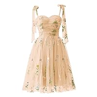 Women’s Spaghetti Strap Short Tulle Homecoming Dress Flowers Embroidery Knee Length Graduate Dress Sleeveless Party Gown