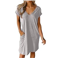 Women's Summer Casual T Shirt Dresses V-Neck Swing Dress Loose Short Sleeve Tunic Dress with Pockets for Women