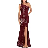 Party Dresses for Women Sequins Sexy One Shoulder Long Split Dress Formal Mermaid Evening Prom Gowns