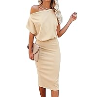 Ezbelle Women's 2024 Summer Dress Off The Shoulder Short Sleeve Ribbed Casual Party Bodycon Midi Dresses