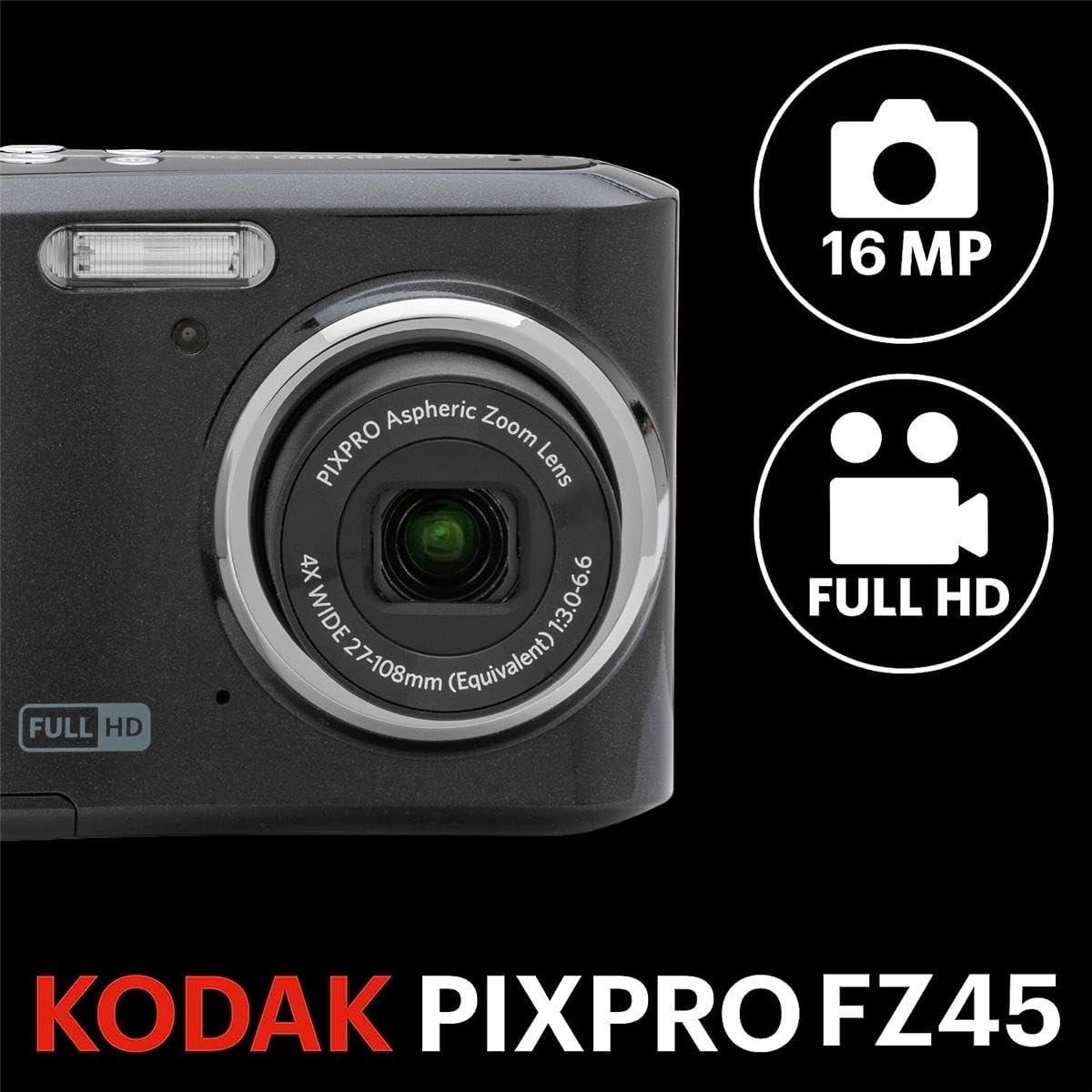 Kodak PIXPRO FZ45 Friendly Zoom 16MP Full HD Digital Camera, Black, Bundle with 32GB Memory Card and Camera Bag