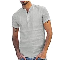 Men's Linen Hneley Shirts Solid Button V Neck Short Sleeve T Shirt Summer Casual Tops Relaxed Comfy Cotton Linen Tees