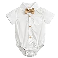 Newborn Infant Boys Gentleman Bodysuit Button Down Bow Tie Formal Shirt Shirt Collar Short Sleeve Romper Shirt