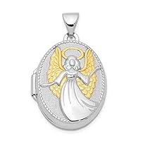 925 Sterling Silver Polished Reversible Holds 2 photos Sentiment on back With Gold Plated21mm Oval Guardian Angel Locket Jewelry for Women