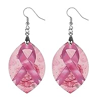 Breast Cancer Awareness Ribbon Roses Wood Dangle Earrings Teardrop Pendant Drop Earrings Jewelry for Women Gifts