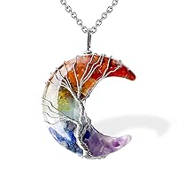 Godyce 7 Chakra Necklace Tree of Life Necklace Moon Pendant Healing Crystal Necklaces for Women Natural Resin Reiki Spiritual Quartz Gemstone Hippie Boho Jewelry, Sterling Silver, crystal