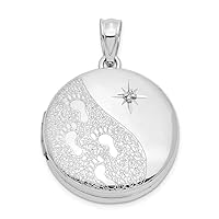 925 Sterling Silver Engravable 20mm Diamond Textured Polished Footprints Round Photo Locket Pendant Necklace Jewelry Gifts for Women