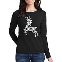 Threadrock Women's White Plaid Reindeer Long Sleeve T-Shirt