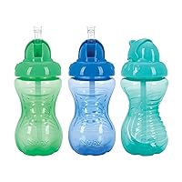 NUBY 3 Pack No Spill Flip it Soft Straw Toddler Sippy Cups - Toddler Cups Spill Proof with Easy and Firm Grip - BPA Free Toddlers Cups - Green, Blue, Aqua