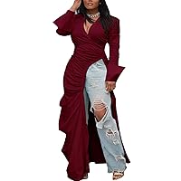 Women's Casual Long Sleeve Ruched Bodycon Shirt Dress High Low Hem Front Split Tunic Blouse Top