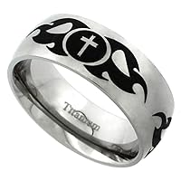 Sabrina Silver 8mm Titanium Wedding Band Tribal Cross Ring Domed Flames Brushed Finish Comfort Fit Sizes 7-14