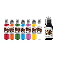 World Famous Tattoo Ink Bundles with 7 Color Simple Tattoo Kit (0.5 oz Each) & Triple Blackout Tattoo Ink (1 oz) - Skin-Safe Permanent Tattooing in Bold Shades - Vegan & Non-Toxic