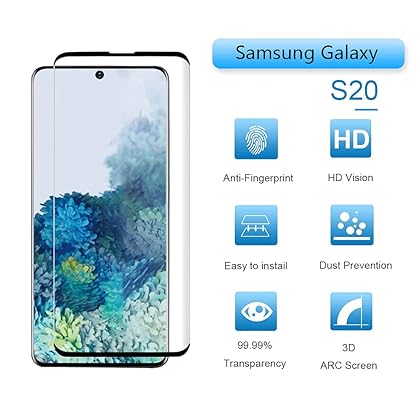 Galaxy S20 Screen Protector + Camera Lens Protector [3D Glass] With Alignment Tool Compatible Fingerprint Easy Installation 9H Hardness Tempered Glass Screen Protector for Samsung Galaxy S20【2+1 Pack】