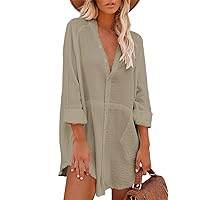 Pink Queen Women V Neck Long Sleeve Button Down Blouse Tunic Shirt Mini Dress with Pockets