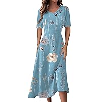 Dresses for Women Summer Trendy Swing Long Dress V Neck Floral Printed Waist Maxi Dress Flowy Short Sleeve Dress