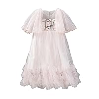 4 to 13 Years Little Girls Lace Sleeve Dresses Casual Sequin Front Lace Sundress of Casual Sweater Pencil