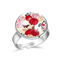 Butterfly Red Pink Rose Flowers Adjustable Rings for Women Girls, Stainless Steel Open Finger Rings Jewelry Gifts