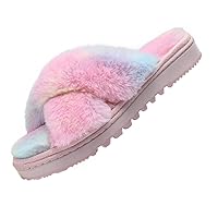 Womens-Fluffy-Memory-Foam-Cross-Band-Slippers Indoor, Fuzzy Fur Comfy Open Toe House Slippers For Women Slip On, Soft Plush Cozy Furry Women'S Home Bedroom Slippers Non-Slip