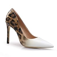 LEHOOR Women High Heel Stilettos Pointed Closed Toe Pumps 4 Inch Leopard Slip On Two Tone Dress Shoes Sexy Party Work
