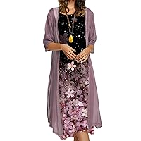 Two Piece Maxi Dress for Women 3/4 Sleeve Summer Fall Trendy Floral Print Long Dress M-4XL