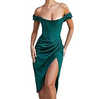 Women's Bodycon Dress Asymmetrical Off Shoulder SplitWrap Cocktail Midi Dress Wedding Guest Dress Sexy Party Dresses Green L