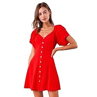 Sugar Lips Women's Red Puff Sleeve Mini Dress