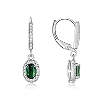 Women's Sterling Silver Dangling Earrings - Oval Shape Gemstone & Diamonds - 6X4MM Birthstone Earrings - Exquisite Color Stone Jewelry