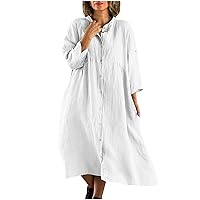 Plus Size Summer Cotton Linen Button Up Shirt Dress for Women 3/4 Sleeve High Waist Lapel Casual Loose Swing Dress
