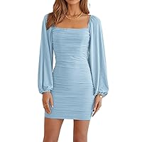 Women's Square Neck Mesh Lantern Long Sleeve Ruched Bodycon Mini Dress Sexy Backless Party Club Cocktail Short Dresses