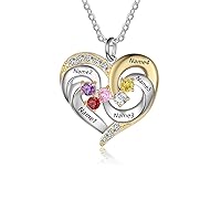 MRENITE 10K 14K 18K Gold Personalized Birthstone Heart Necklace for Women with 1-5 Birthstones Custom Engraved 1-5 Names Family Birthstone Necklace Jewelry Gift for Mom
