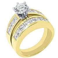 14k Yellow Gold 3.33 Carats Round & Princess Diamond Engagement Ring Bridal Set