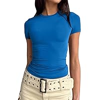 Womens Sexy V Neck Crop Top Short Sleeve Slim Fitted Ribbed T Shirts Lace Cute Casual Basic Tee Shirt Blouses