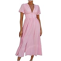 Women's Deep V Neck Puff Short Sleeve Dress High Waist Flowy A Line Maxi Long Dresses Ruched Shirred Boho Dress