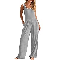 MEROKEETY Women's Summer Casual Sleeveless Jumpsuits Ribbed Knit One Piece Scoop Neck Wide Leg Rompers