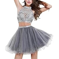 Women's Two Piece Beaded Homecoming Dress High Neck Tulle Mini Short Cocktail Dresses Graduation Party Prom