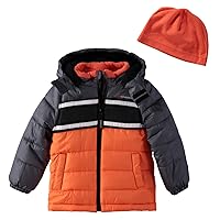 LONDON FOG Boys' Big Active Puffer Jacket Winter Coat, Grey/Orange Colorblock, 4