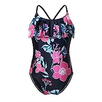 Girls Floral Printed One-Piece Swimsuit Kids Criss Cross Flounce Bathing Suit Swimming Leotard