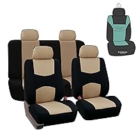 FH Group Modern Flat Cloth Car Seat Covers, Full Set with Gift -Universal Fit for Cars Trucks and SUVs (Beige/Black) FB050114