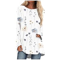 FYUAHI Women's Long Sleeve Shirts T-Shirt Flower Fashion Casual Floral Print Long-Sleeved Round Neck Mid-Length Top
