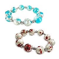 Linpeng LP110909-A3R/-A37-BL Fiona Color Splash Glass Beadswith Silver Flower Spacers Stretch Bracelets in Gift Bag
