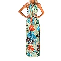 Women's Bohemian Round Neck Trendy Glamorous Print Dress Casual Loose-Fitting Summer Sleeveless Long Flowy Beach Swing Green