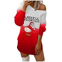 Christmas Dress for Women Off Shoulder Sundress Womens Sexy Santa Claus Shirt Dress Cold Shoulder Sweatshirts