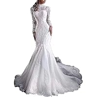 Sexy Mermaid Tulle Wedding Dresses for Bride Lace Appliques Long Sleeve Bridal Long with Train Gowns for Women